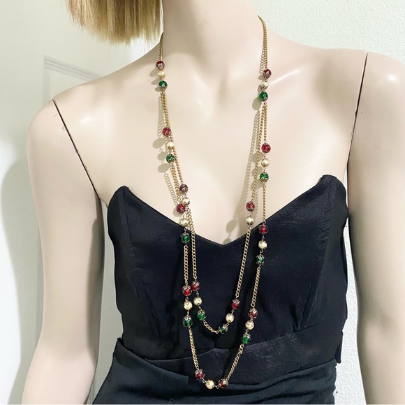 Handmade Red Green Beads Faux Pearl Gold-tone Long Chain Necklace - Picture 2 of 13